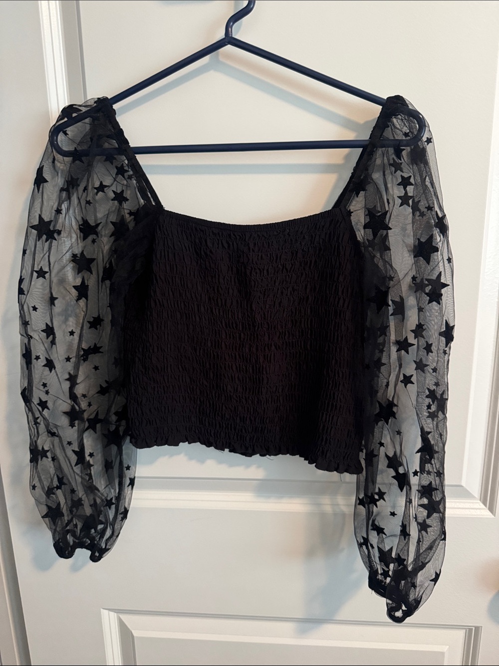 Altar'd State Black Star Mesh Sleeve Smocked Crop Top - Sheer Puff Sleeves